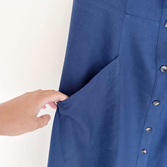 Saks Off the Shoulder Linen Dress Navy Button Down | 14 - Picture 5 of 7